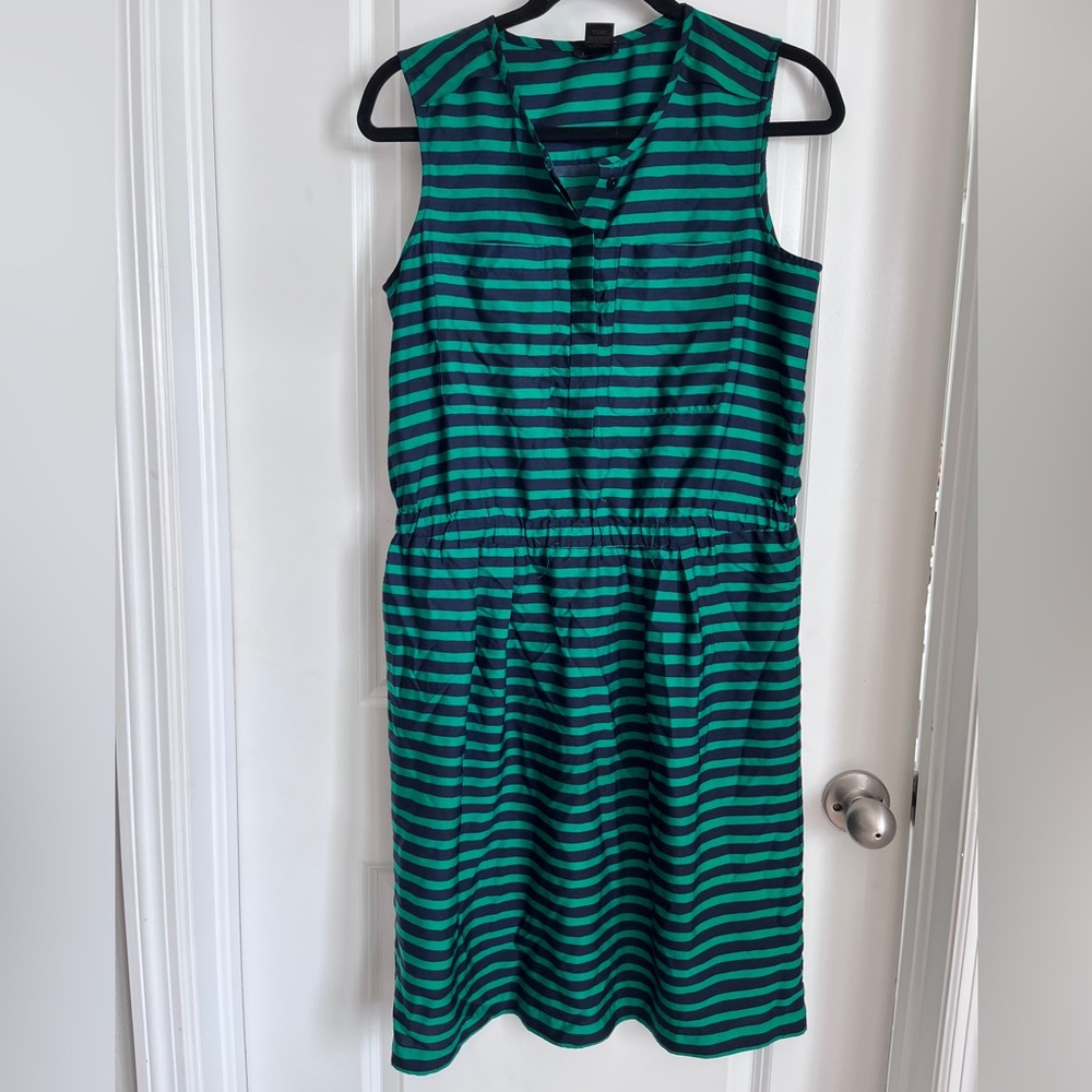 Ann Taylor Navy and Green Striped sleeveless Dress elastic waist size small